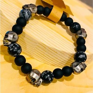 Bracelet- Gothic Skulls, Metal and matte beads 7.5 inches